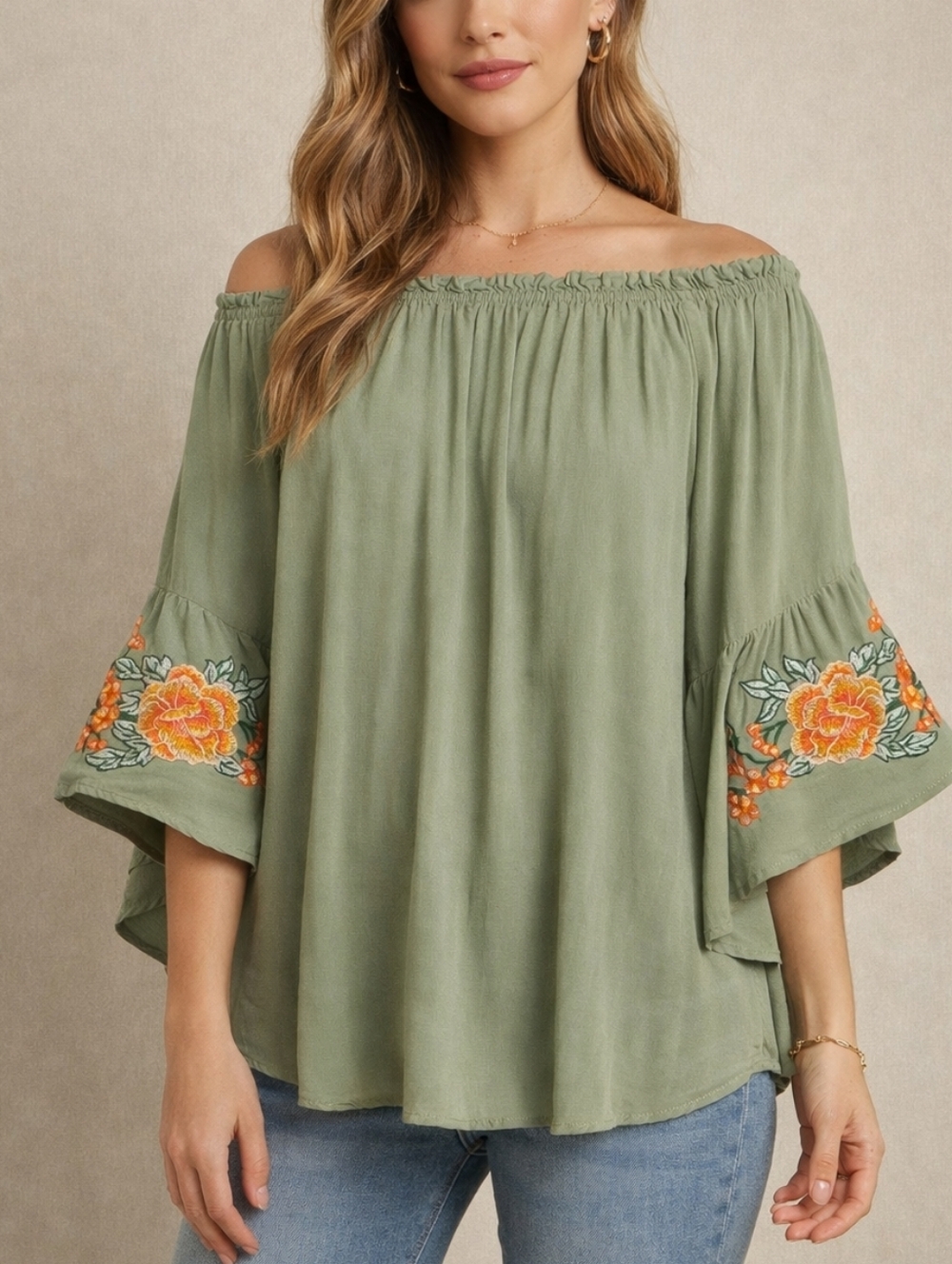 Entro Boho Embroidered Blouse Sage Green Womens Small Peasant Top